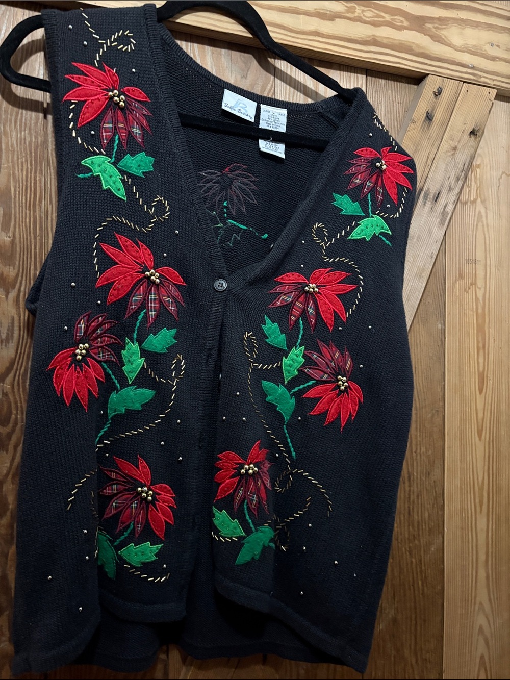 Vintage-Inspired Black Poinsettia Embroidered Sweater Vest